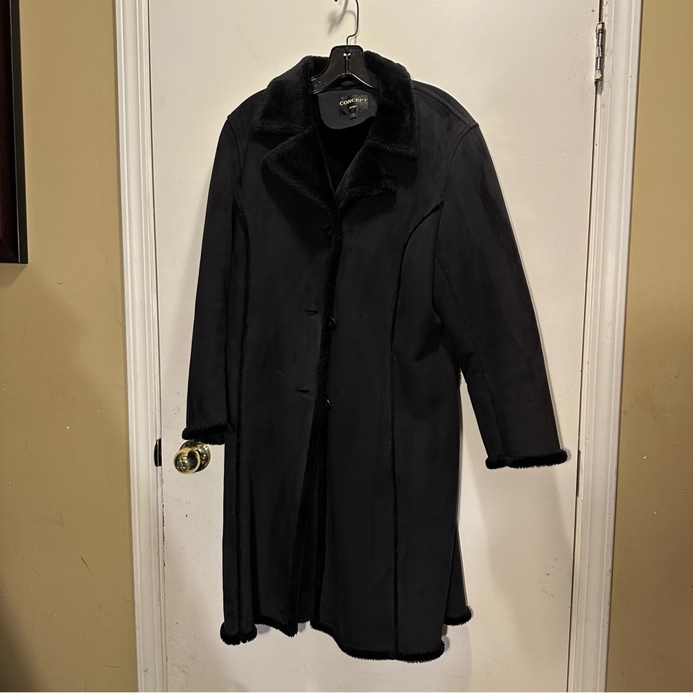 Faux Shearling Lined Suede Look Coat • Cozy Long Winter Coat M